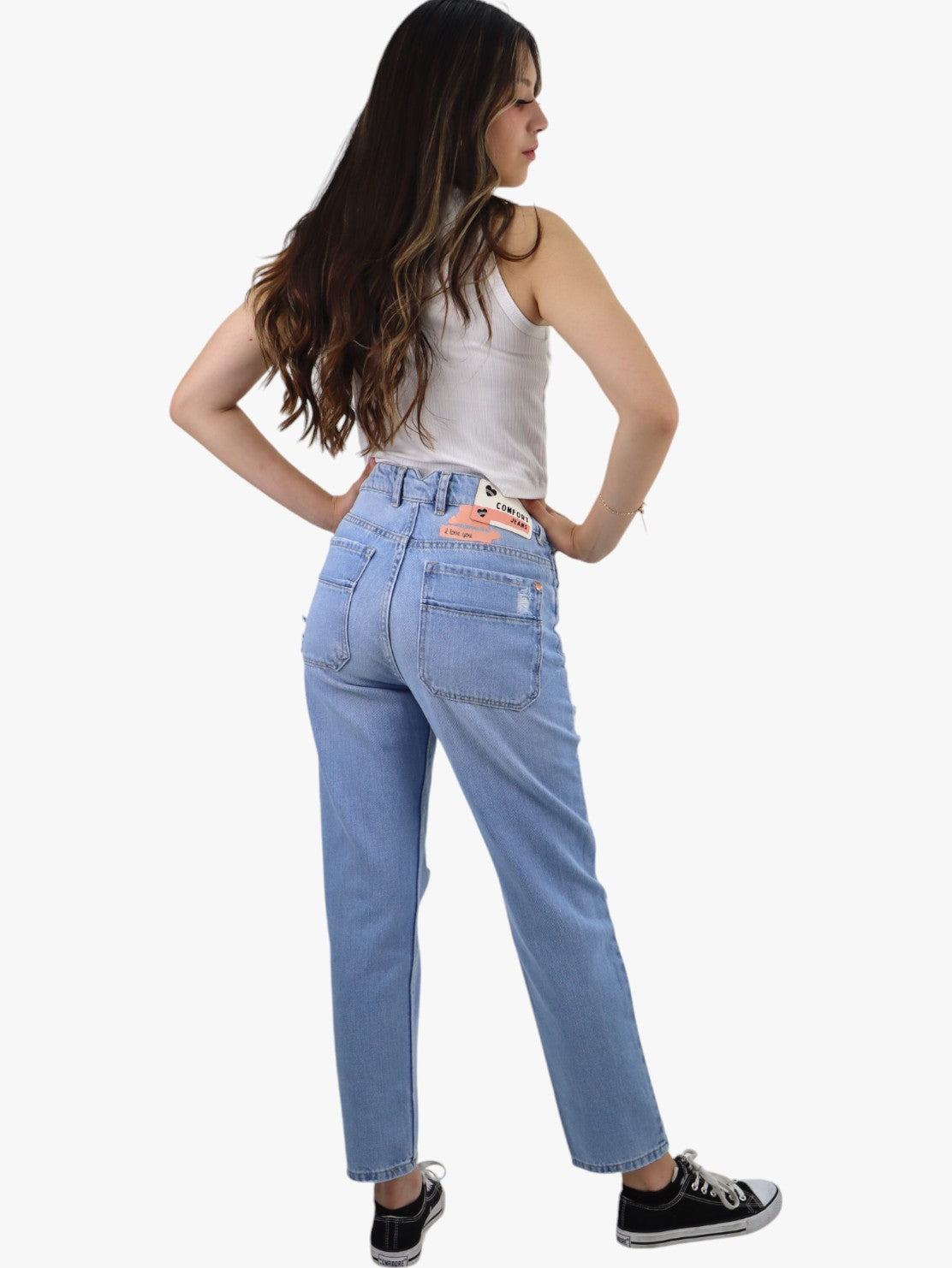 Jeans mom clasic con destrucción azul claro