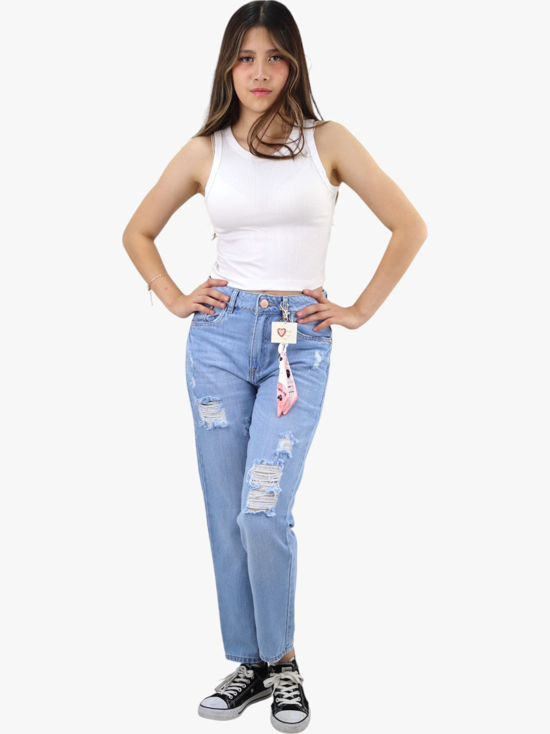 Jeans mom clasic con destrucción azul claro