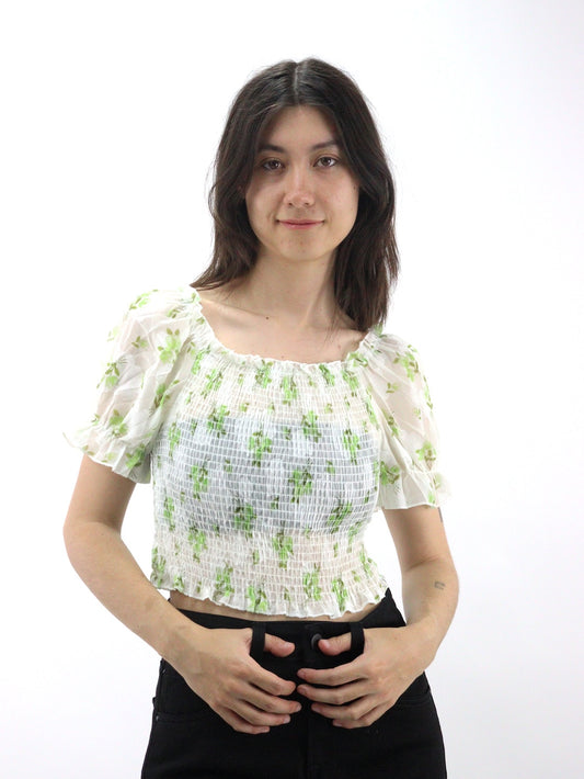 Blusa manga abullonada ajustada con estampado floral y fruncido