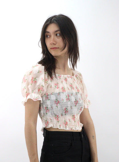Blusa manga abullonada ajustada con estampado floral y fruncido