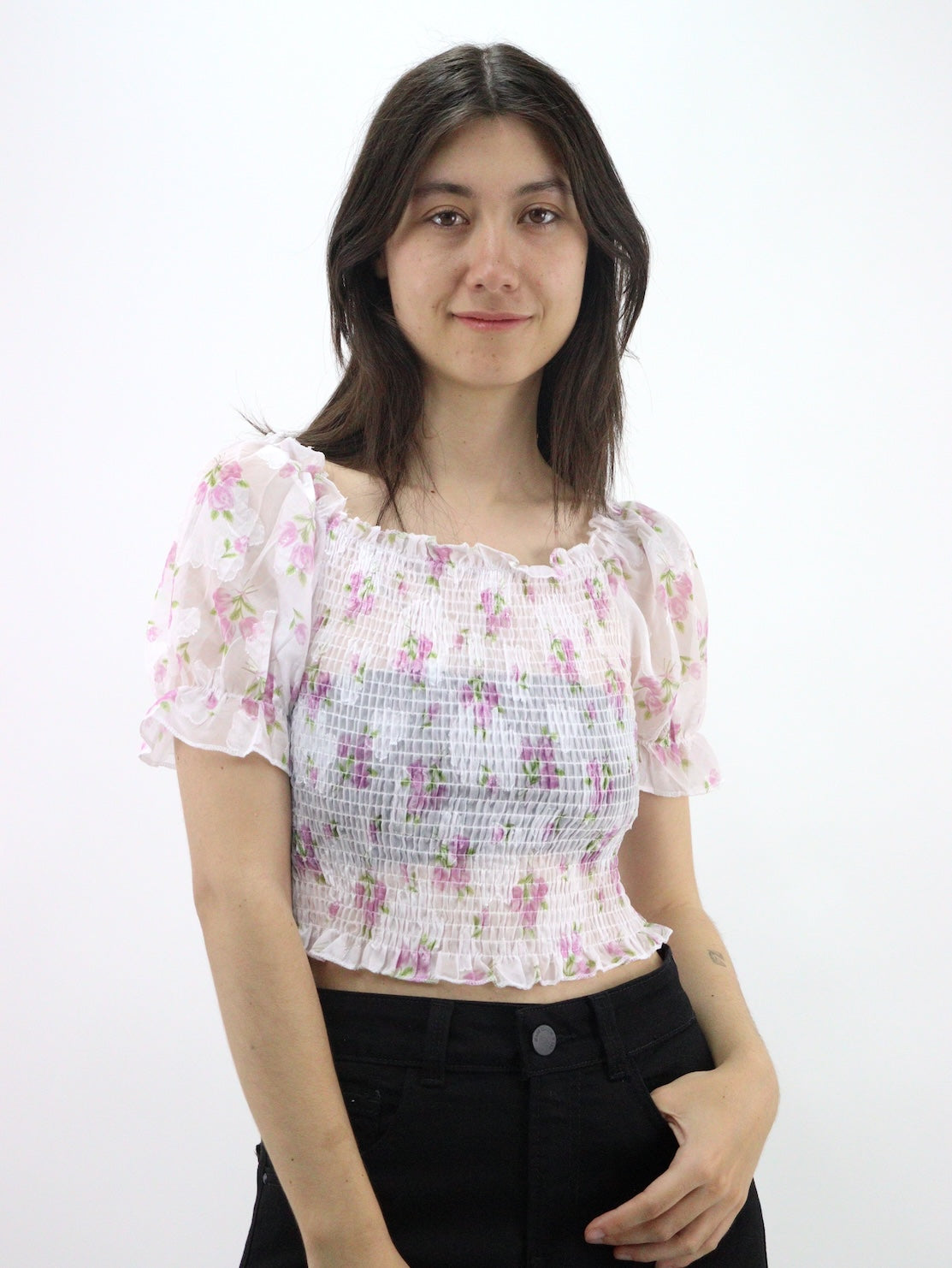 Blusa manga abullonada ajustada con estampado floral y fruncido