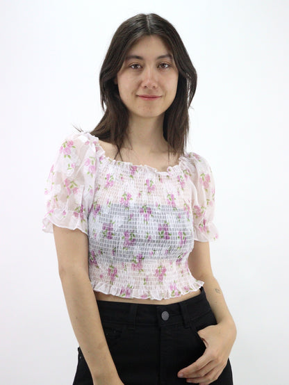 Blusa manga abullonada ajustada con estampado floral y fruncido