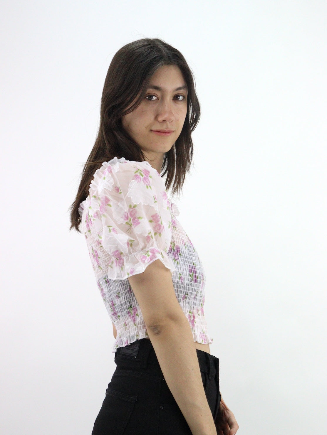 Blusa manga abullonada ajustada con estampado floral y fruncido