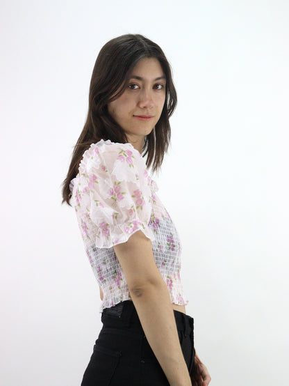 Blusa manga abullonada ajustada con estampado floral y fruncido
