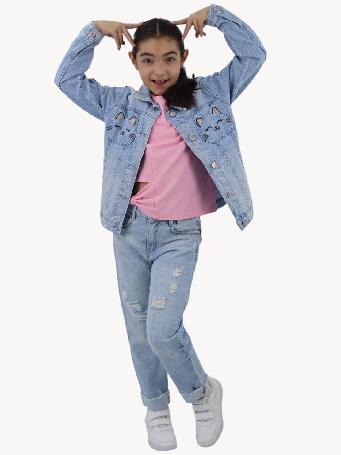 Chamarra denim con bolsillos de gato