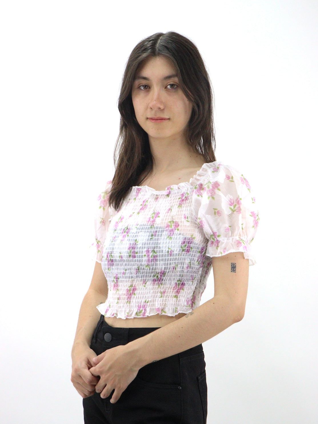Blusa manga abullonada ajustada con estampado floral y fruncido