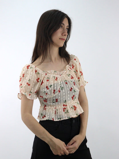 Blusa de manga abullonada fruncida con estampado