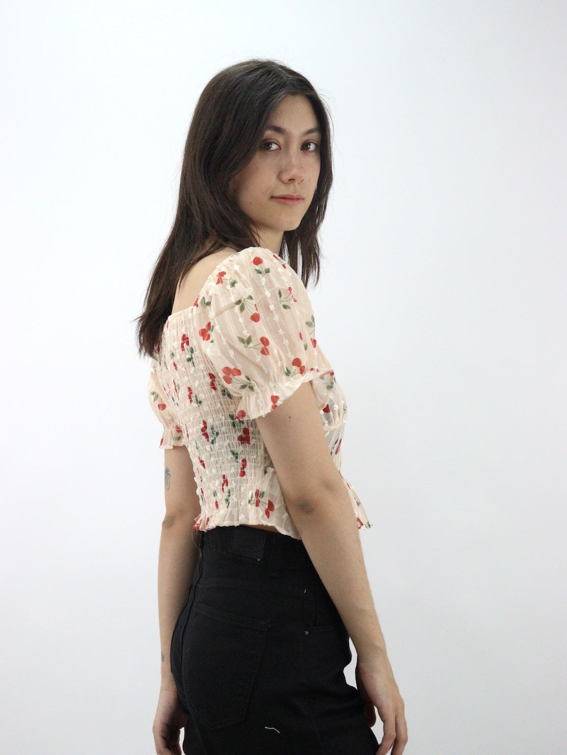 Blusa de manga abullonada fruncida con estampado