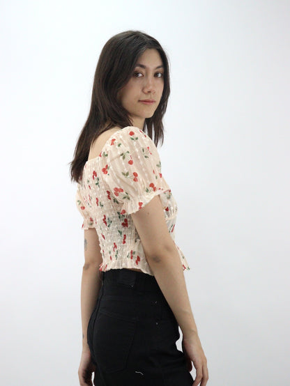 Blusa de manga abullonada fruncida con estampado