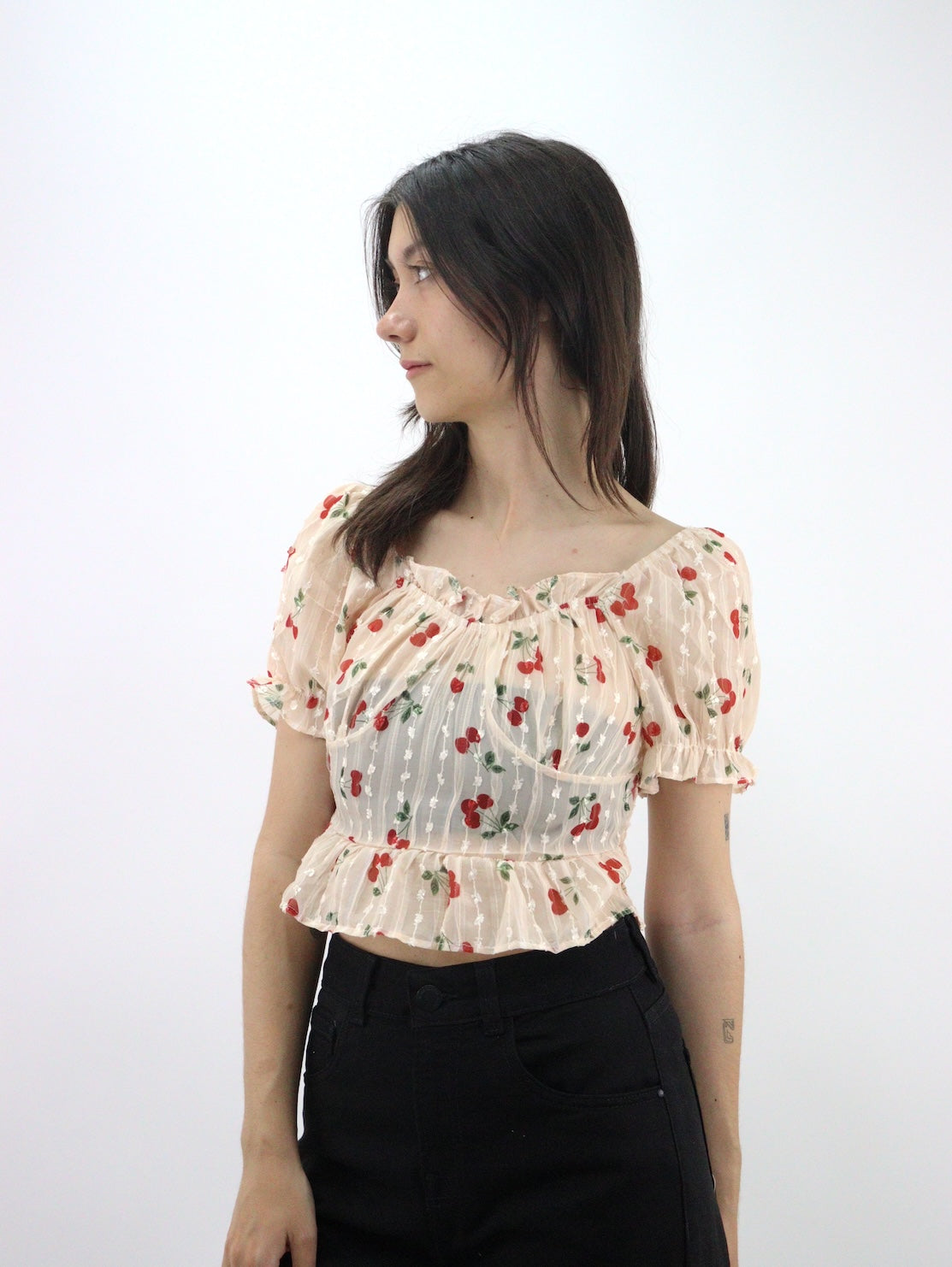 Blusa de manga abullonada fruncida con estampado