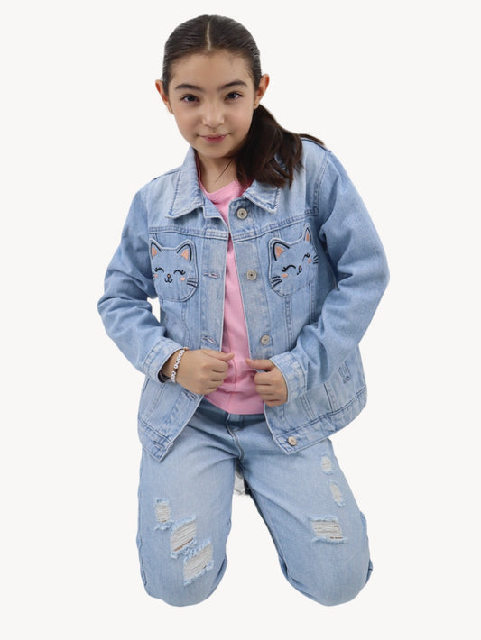 Chamarra denim con bolsillos de gato