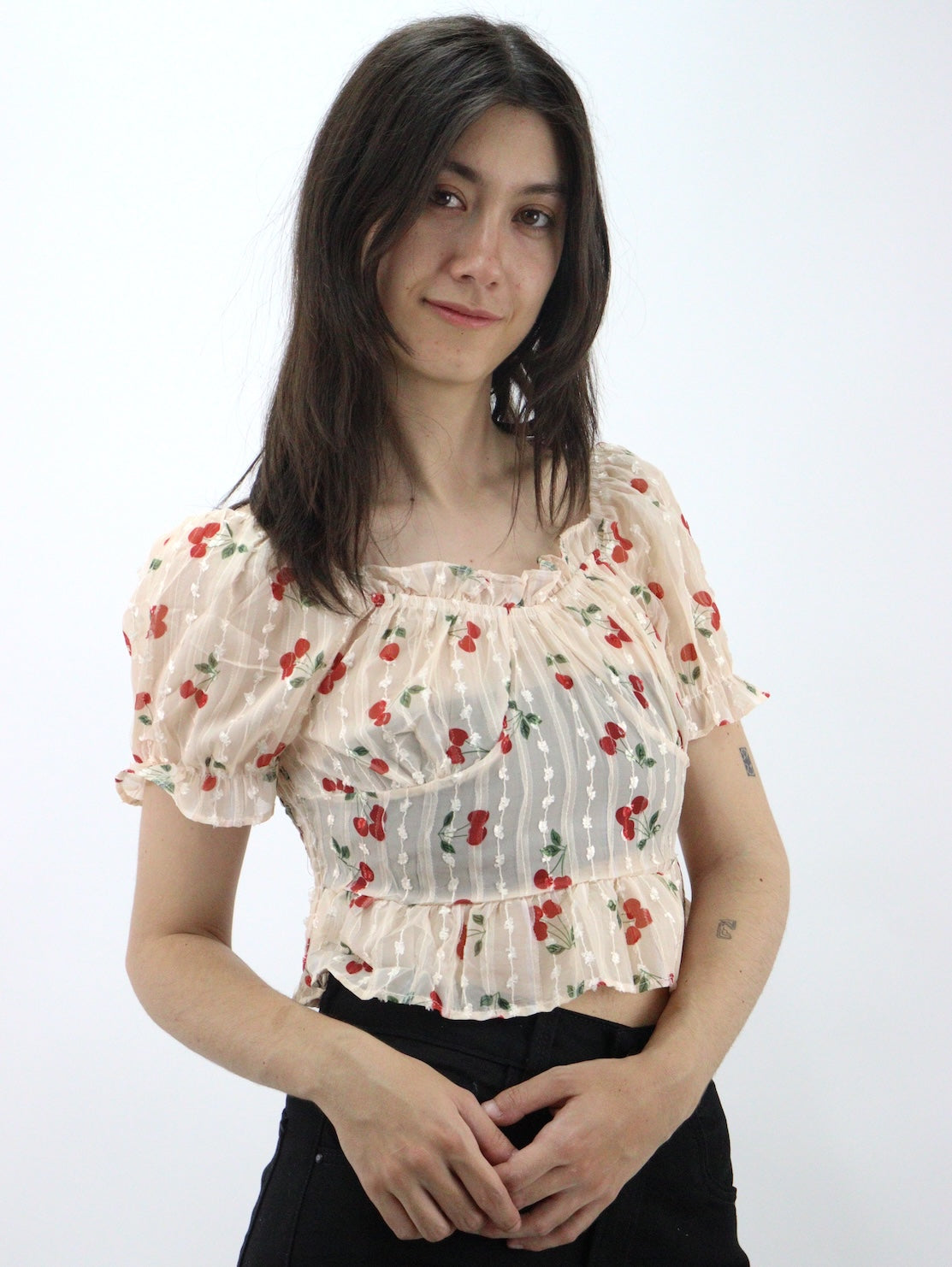 Blusa de manga abullonada fruncida con estampado