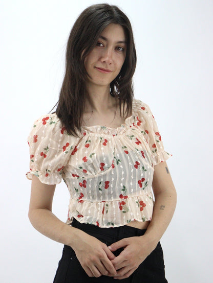 Blusa de manga abullonada fruncida con estampado