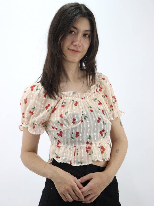 Blusa de manga abullonada fruncida con estampado