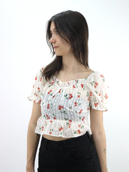 Blusa de manga abullonada fruncida con estampado