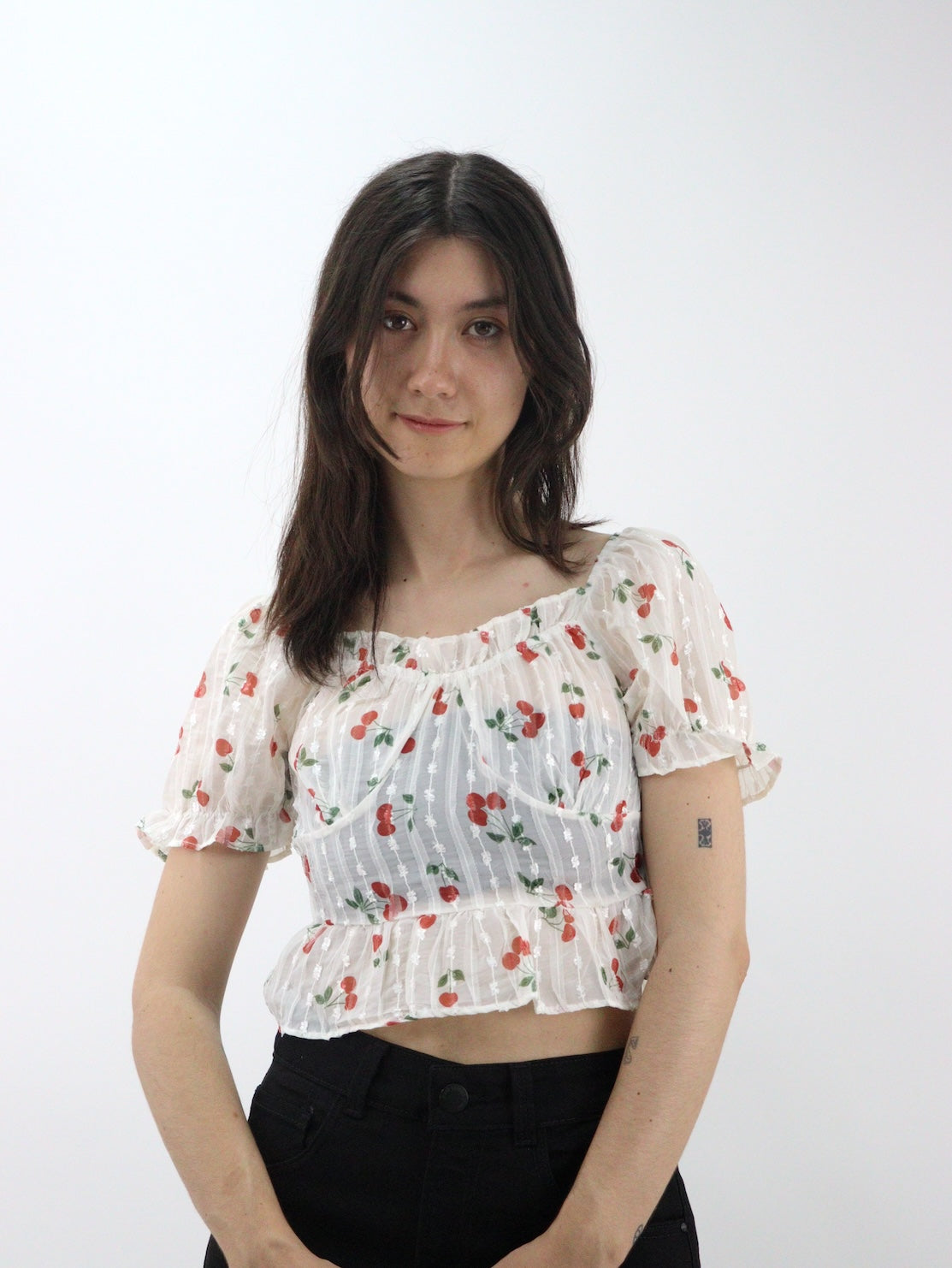 Blusa de manga abullonada fruncida con estampado