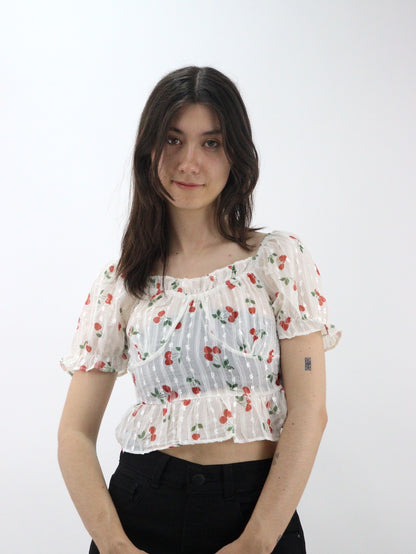 Blusa de manga abullonada fruncida con estampado