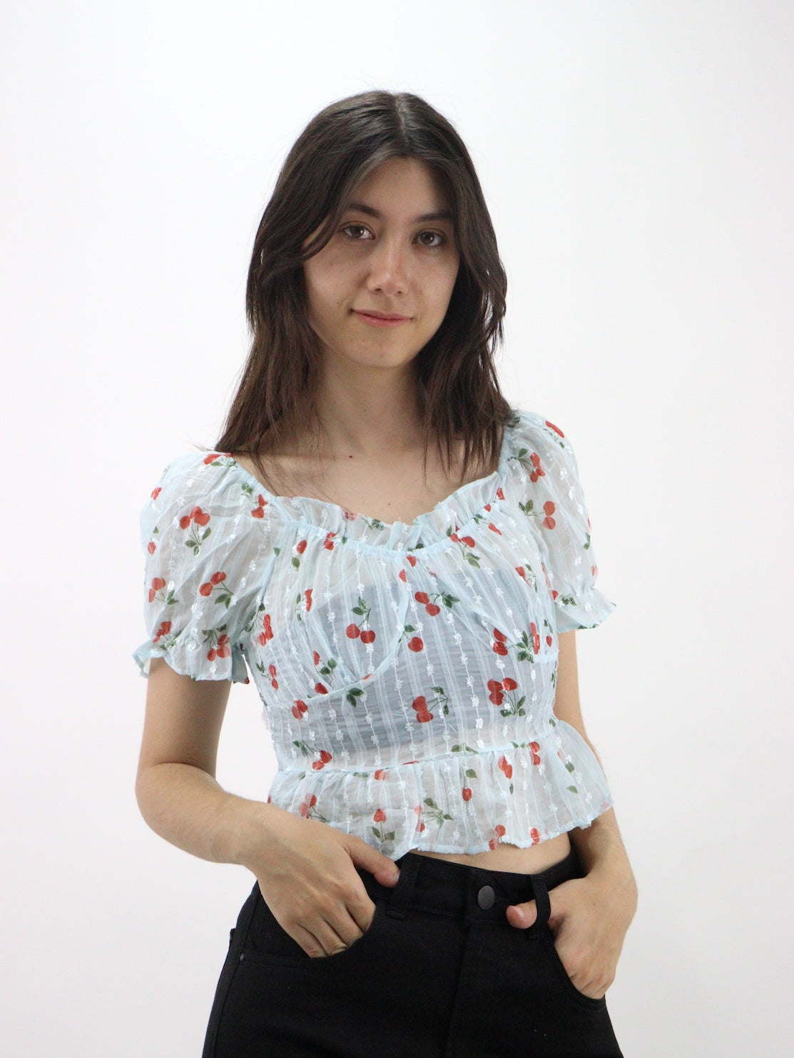 Blusa de manga abullonada fruncida con estampado