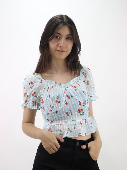 Blusa de manga abullonada fruncida con estampado
