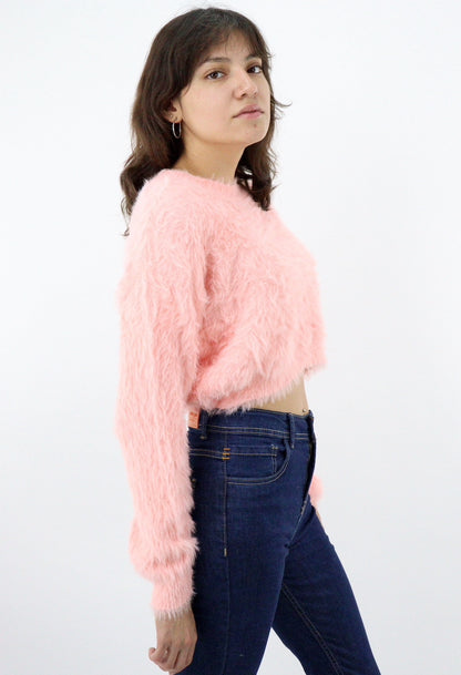 Suéter crop de peluche color rosa