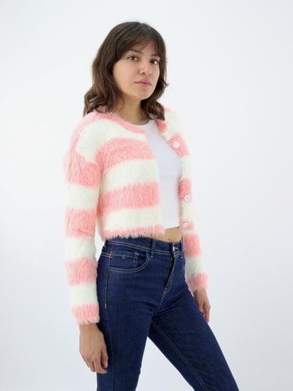 Suéter crop de peluche color blanco/rosa