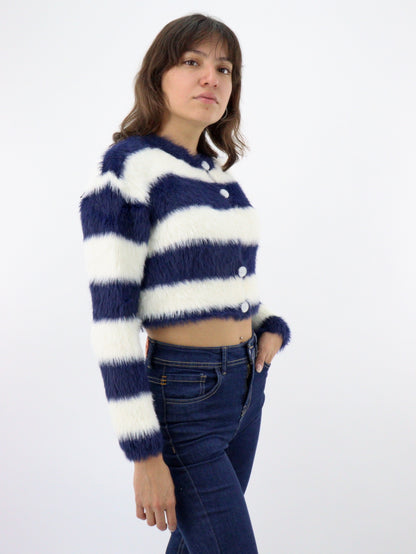 Suéter crop de peluche color azul marino/blanco