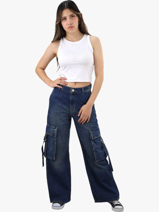 Jeans cargo multipocket azul con deslave