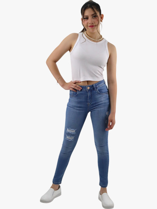 Jeans skinny tiro alto azul medio con destrucción