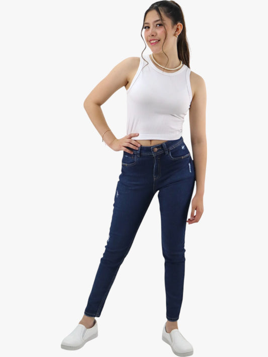 Jeans skinny tiro alto de color azul oscuro con destrucción