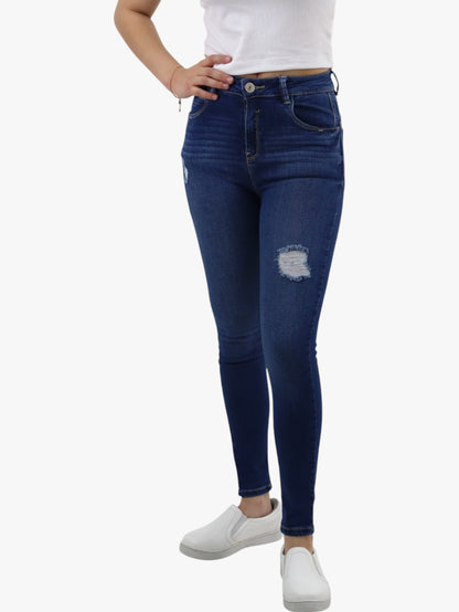 Jeans skinny tiro alto color azul oscuro con destrucción