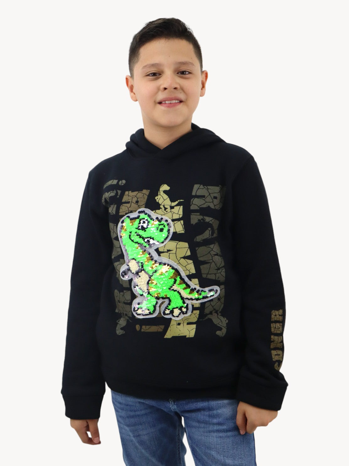 Sudadera cerrada de color negro con figura de dinosaurio