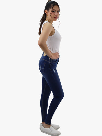Jeans skinny tiro alto color azul oscuro con destrucción
