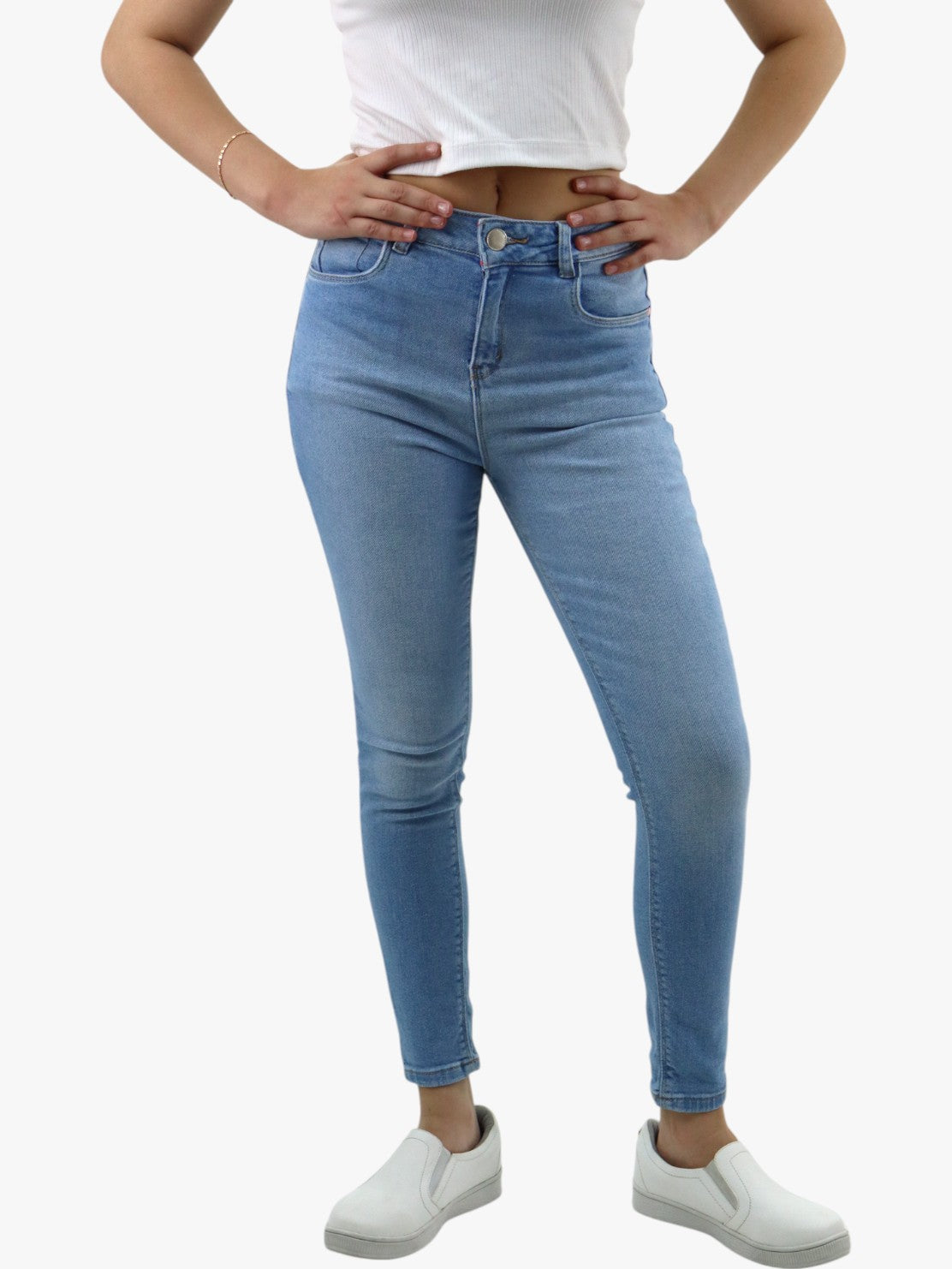 Jeans skinny tiro alto azul claro