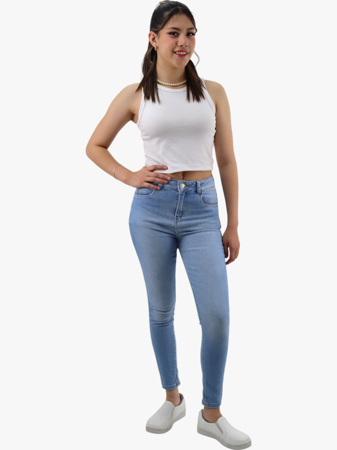 Jeans skinny tiro alto azul claro