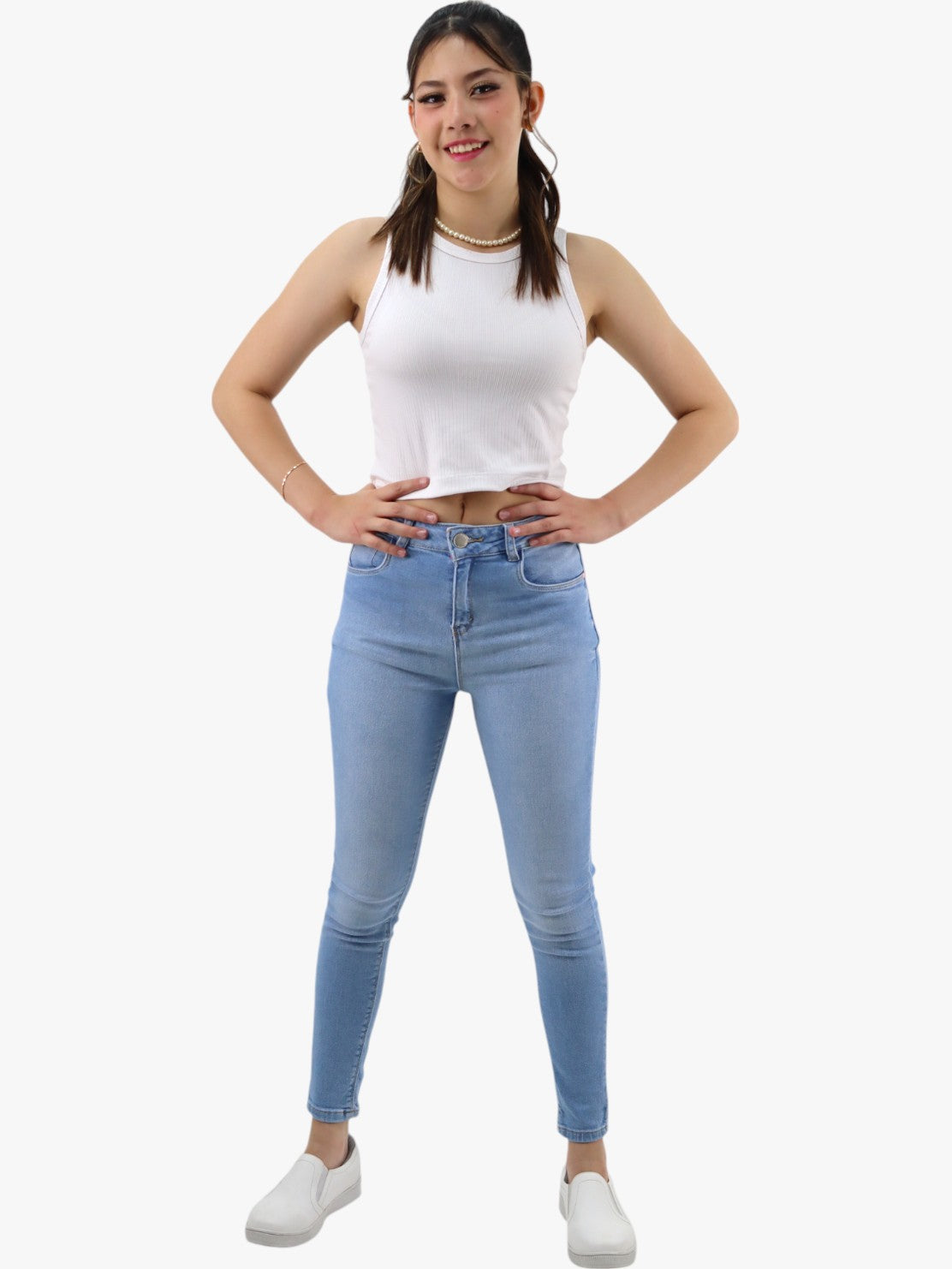 Jeans skinny tiro alto azul claro