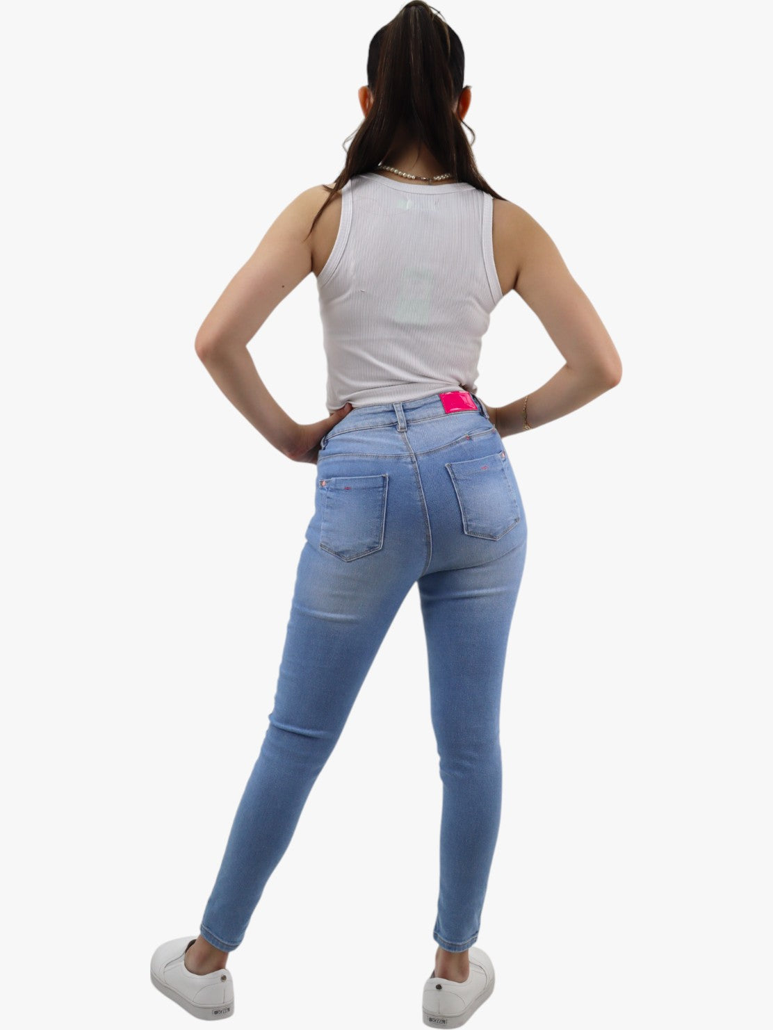 Jeans skinny tiro alto azul claro