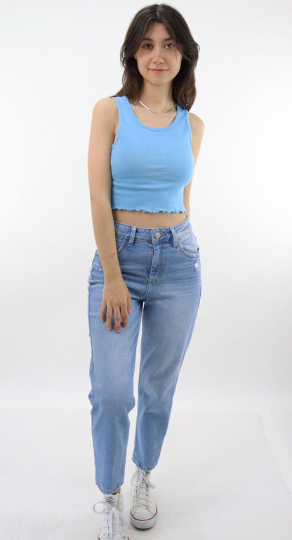 Jeans mom clasic de color azul claro con destrucción (NUEVA TEMPORADA)
