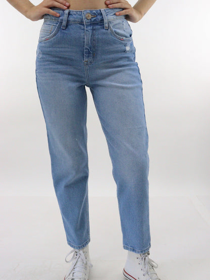 Jeans mom clasic azul claro con destrucción