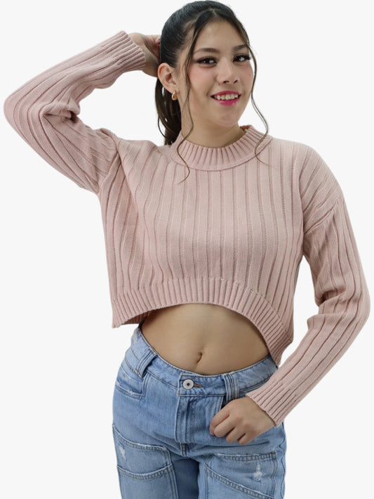 Suéter corto tejido rosa cuello alto