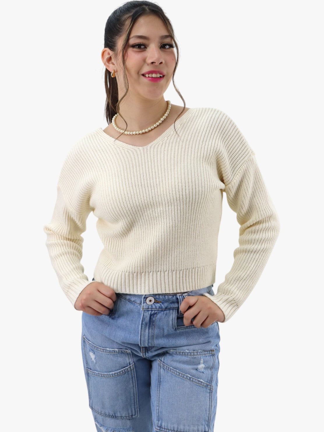 Suéter tejido frente cuello V con espalda descubierta