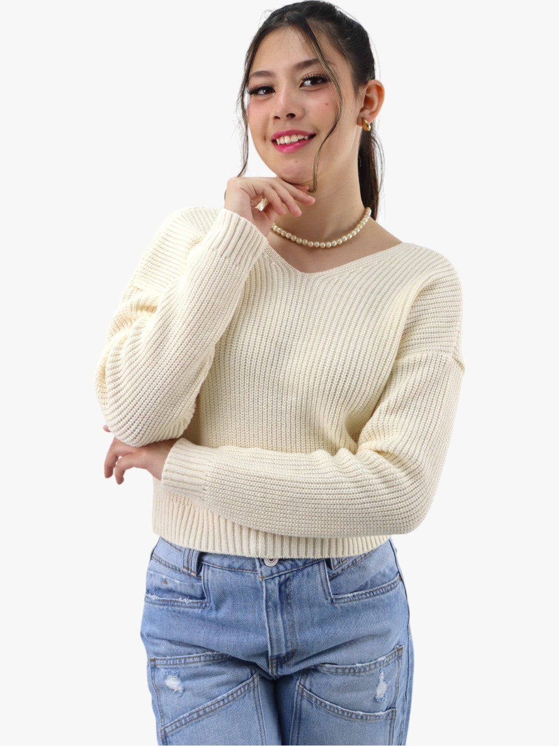 Suéter tejido frente cuello V con espalda descubierta