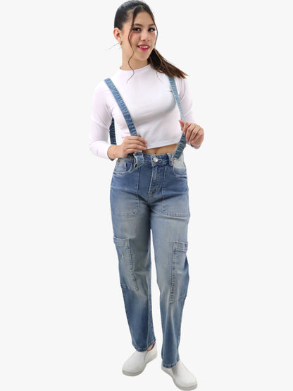 Jeans baggy-cargo con tirantes