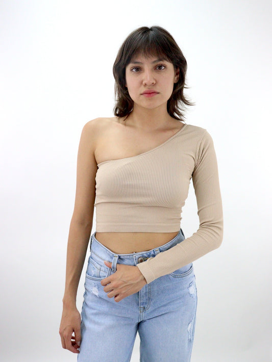 Blusa licra 1 manga de color beige