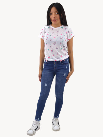 Jeans tobillero azul oscuro con destrucción
