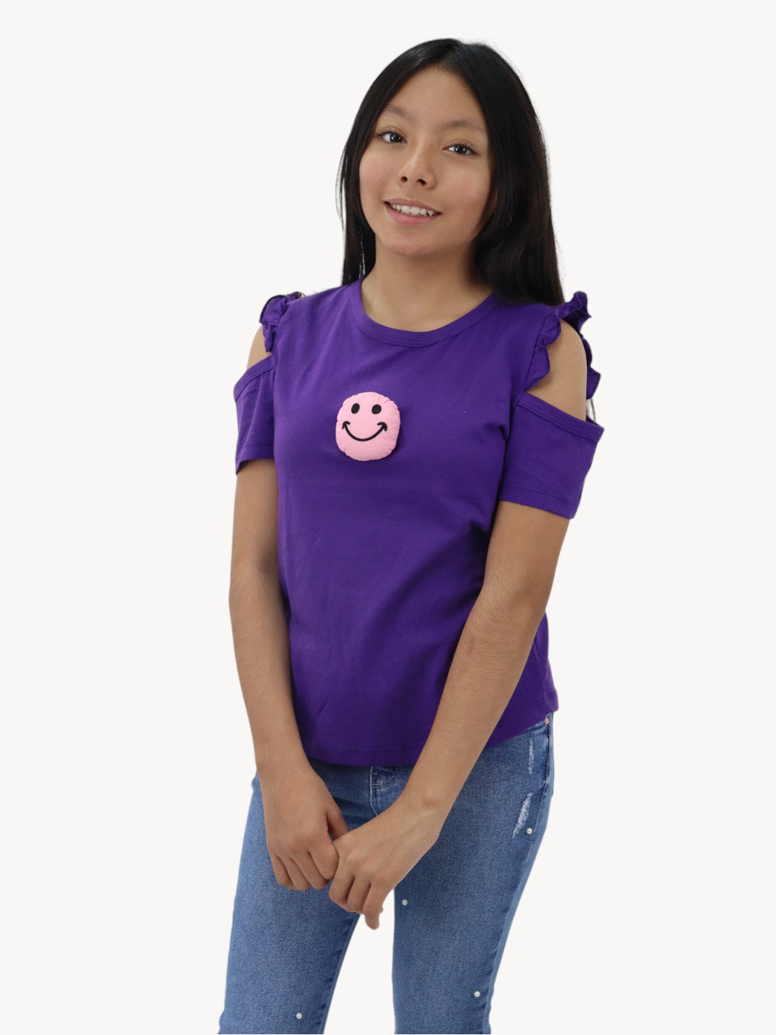 Playera smiley de hombro caído de color morado