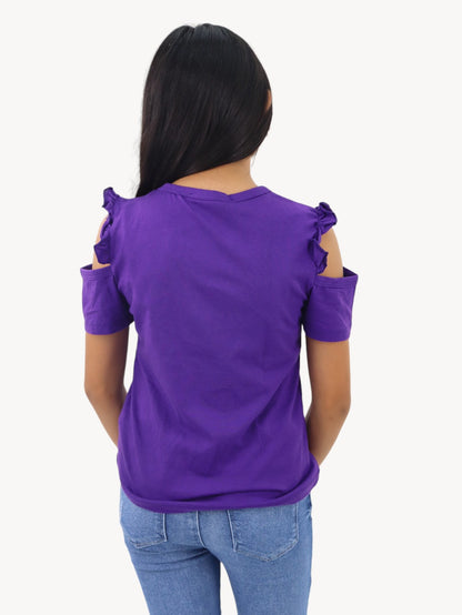 Playera smiley de hombro caído de color morado