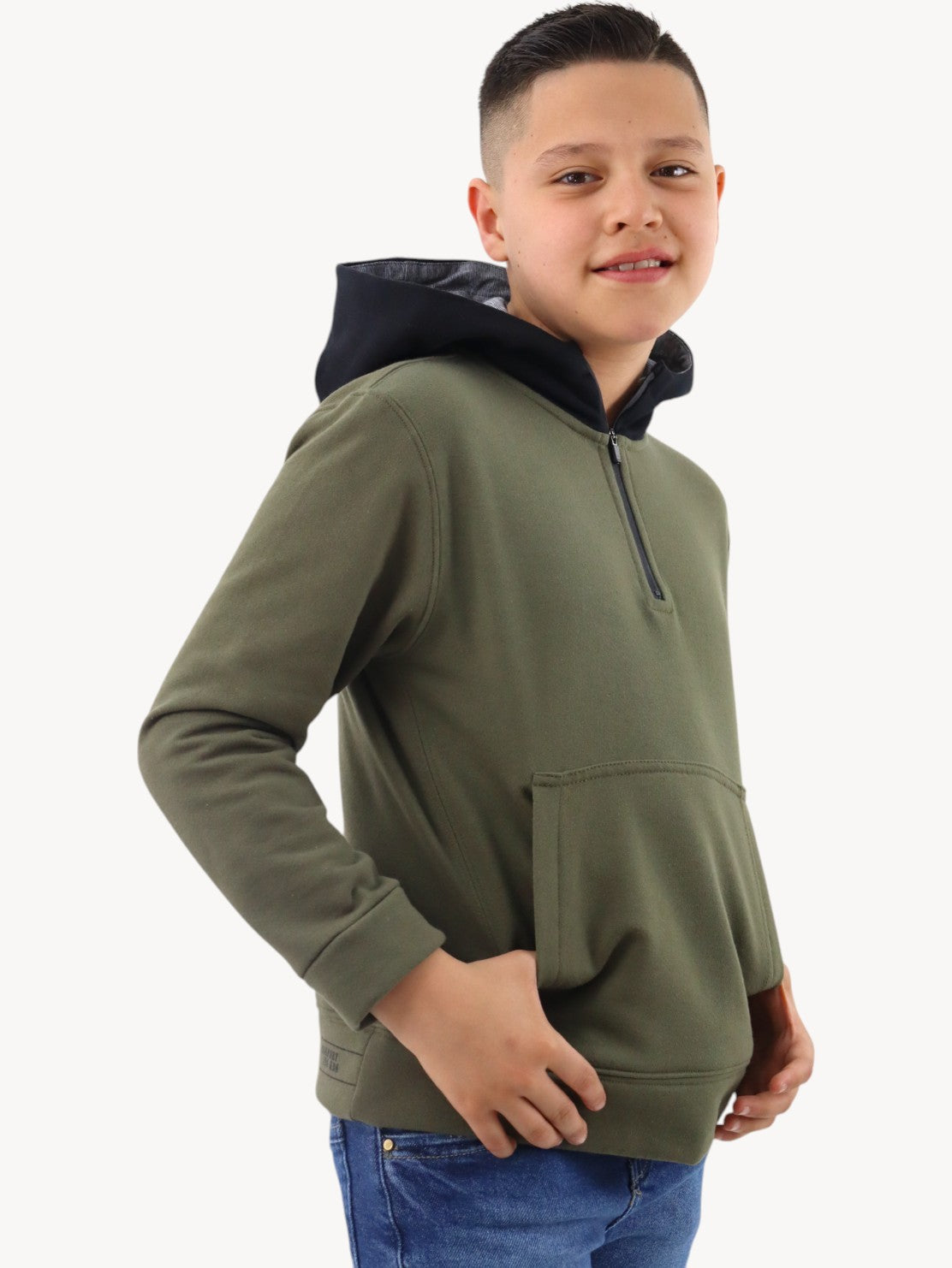 Sudadera con capucha y cremallera verde miitar