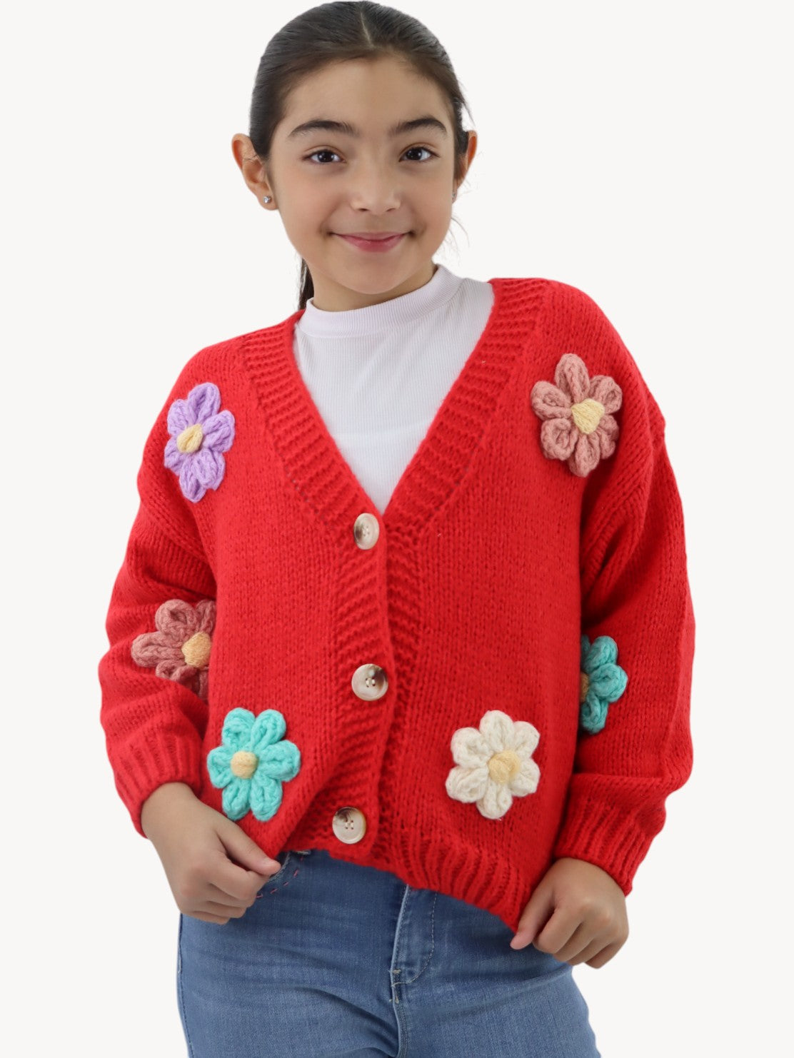 Suéter tejido rojo con flores