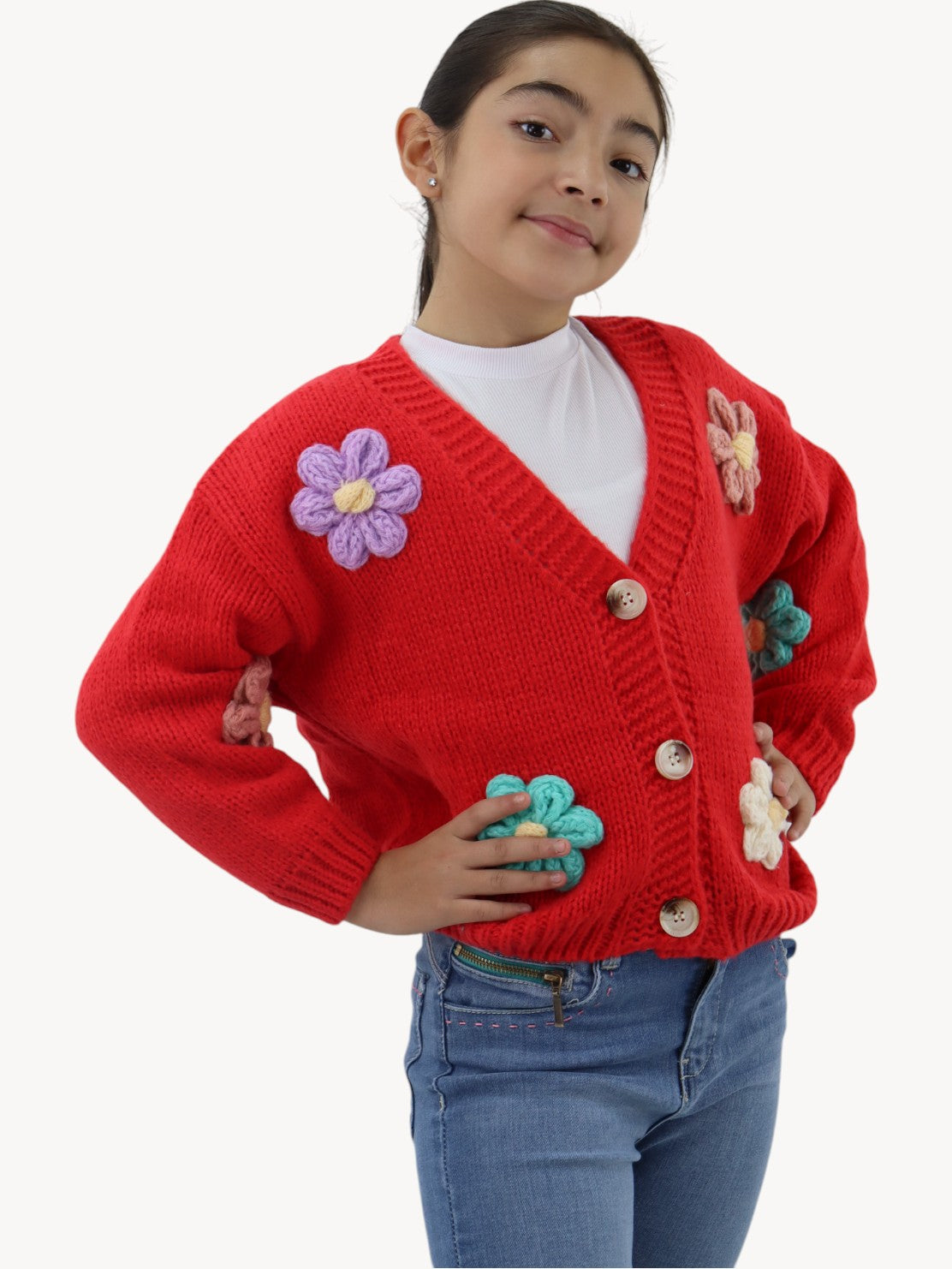 Suéter tejido rojo con flores