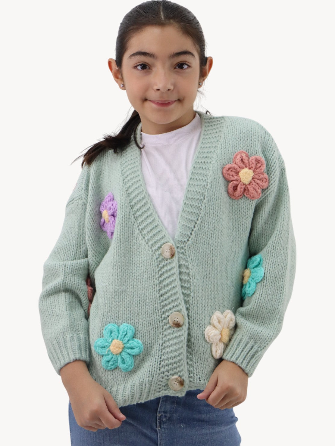 Suéter tejido verde menta con flores
